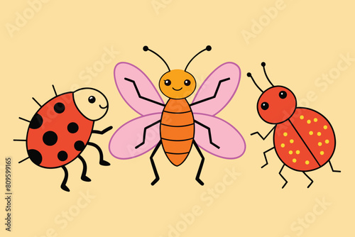 Collection of cute insects, ladybug and ants. Linear hand drawn doodle. Vector illustration. Isolated elements for design, decor, decoration © mobarok8888