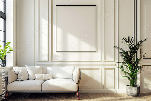 Interior of a bright room with a picture frame on the wall, mockup