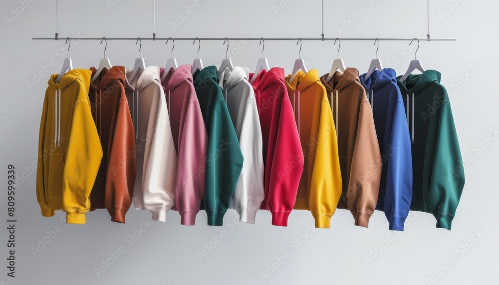 Colorful hoodies hanging neatly on a clothing rack.