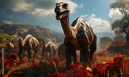 Herd of Dinosaurs Walking in Lush Green Field
