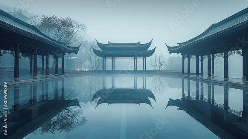 Serene traditional Chinese architecture in misty landscape