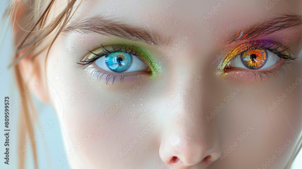 The girl has beautiful rainbow-colored eyes. Her eyes look very natural and stunning against the white background.