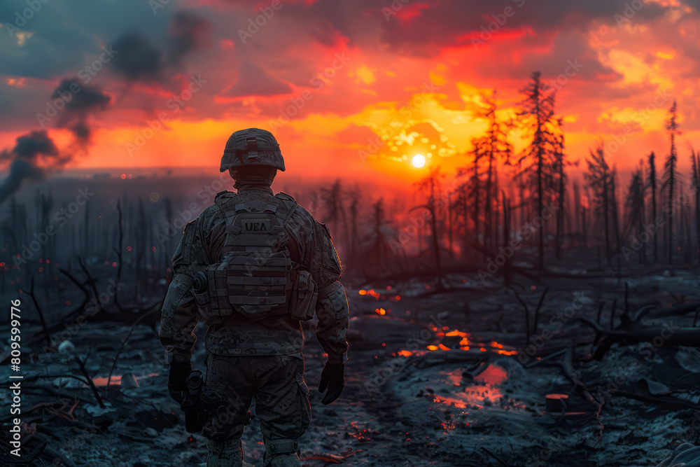 Soldier stands amidst a burnt forest under a fiery sunset Soldier stands amidst a burnt forest under a fiery sunset