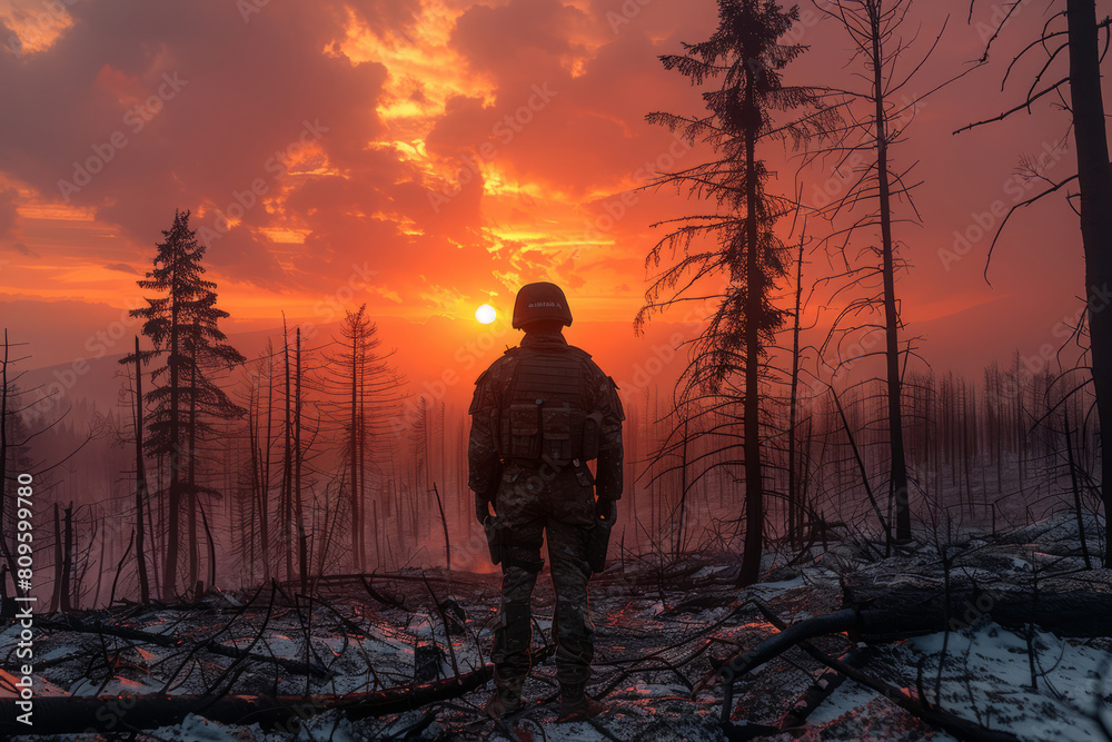 Silhouetted soldier observing sunrise over a burnt forest