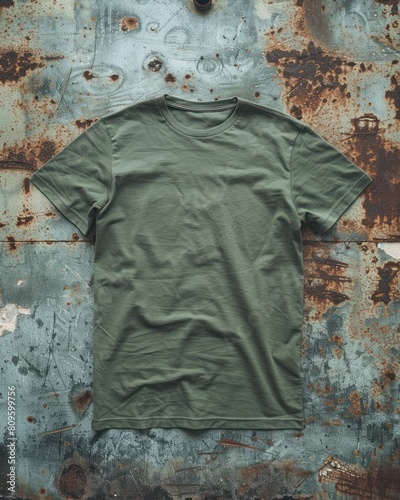 T- shirt mockup onold metal background, Mock up for design and print, Front Olive Green T-shirt Mockup	