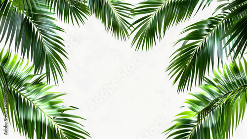 Palm Leaves Border.  Generated Image.  A digital rendering of palm tree leaves bordering a white background.