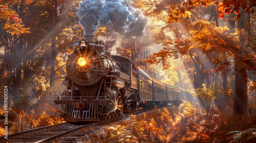 The train snakes through a vibrant fall forest, igniting a sense of adventure. Sunbeams illuminate the tracks, while towering trees cast long, mysterious shadows. photo