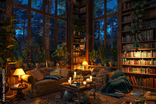 Cozy evening in a home library with ambient lighting