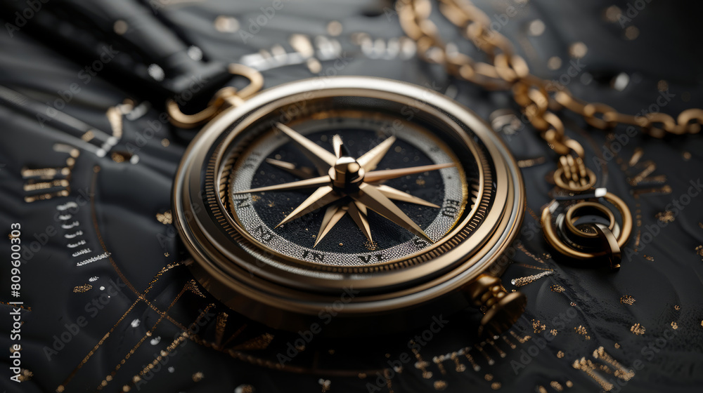Elegant gold compass on a detailed black background Elegant gold compass on a detailed black background
