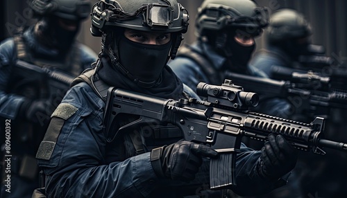 Elite troops in full tactical gear holding firearms