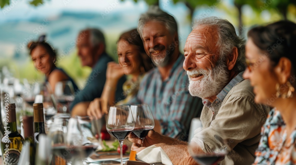 Participants at a vineyard in Tuscany tasting wine, their expressions appreciative and discerning Participants at a vineyard in Tuscany tasting wine, their expressions appreciative and discerning