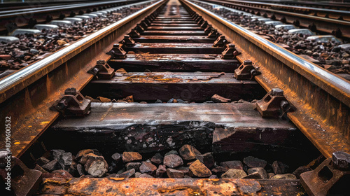 Train tracks consist of metal rails supported by track ballast stones. These stones provide stability and drainage for the tracks.