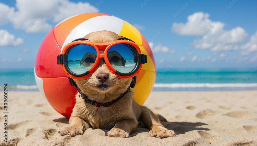 dog with sunglasses on the beach