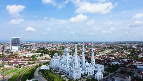 Aerial view of Masjid Raya Syeikh Zayed in Solo, Central Java, Indonesia. This mosque is a miniature mosque of Syeikh Zayed Grand Mosque in Abu Dhabi