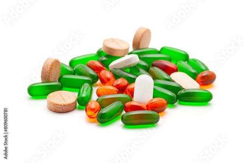 Health care concept. Different types of Medical Pills, Tablets, and Capsules. Isolated on a white background. Front view