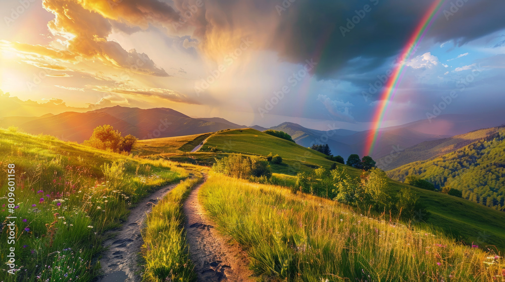 Obraz premium Tranquil summer evening in the mountains. Emerald-green meadows glow in the golden sunlight. A quiet road winds through the scene, met by a stunning rainbow arching across the sky.