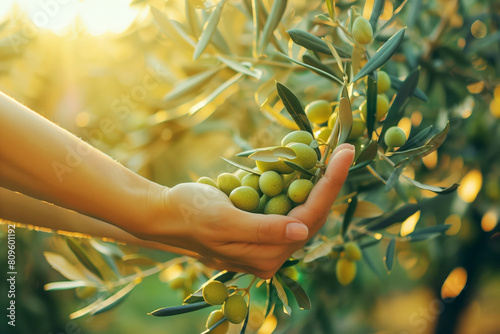 Olive fruits in the palms, harvesting olives in an olive grove