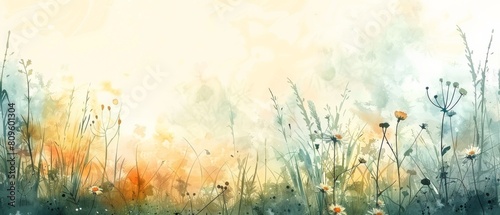Watercolor style wallpaper A gentle breeze ripples through the grass  carrying with it the scent of wildflowers and earth.