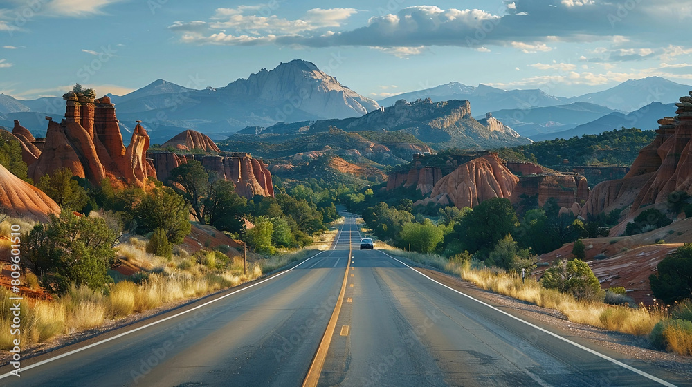 Scenic road through desert rock formations and mountains Scenic road through desert rock formations and mountains