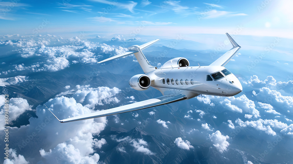 View of a flying private luxury white jet in the sky View of a flying private luxury white jet in the sky