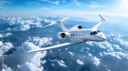 View of a flying private luxury white jet in the sky