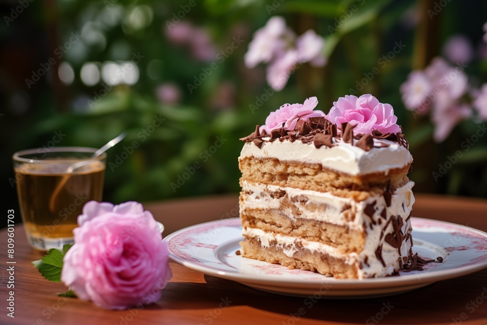 A beautiful layered cake with white cream and chocolate chips, decorated with pink flowers on the table in a sunny garden A beautiful layered cake with white cream and chocolate chips, decorated with pink flowers on the table in a sunny garden