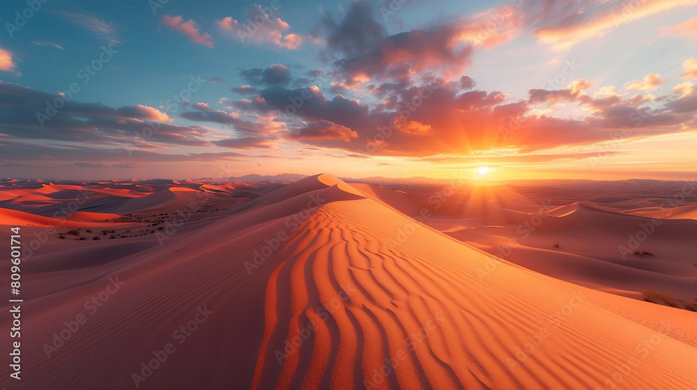 Golden sand dunes illuminated by sunset in desert