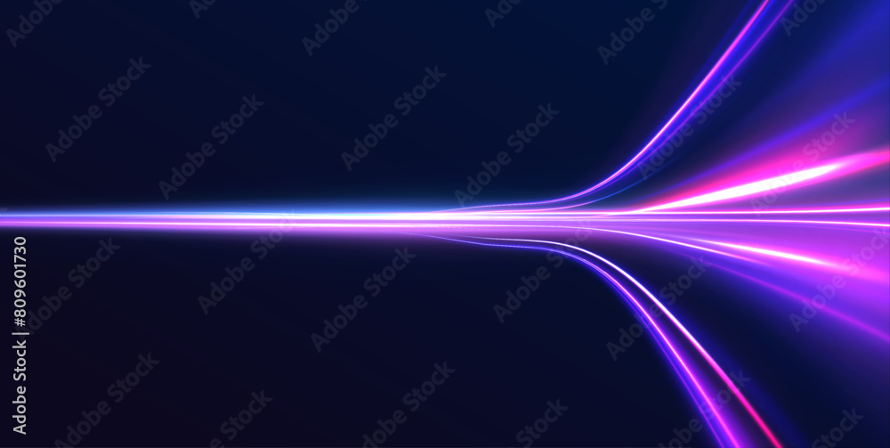Luminous bright background. High speed effect motion blur night lights blue and red. Cyberpunk light trails in motion or light slow shutter effect. Luminous bright background. High speed effect motion blur night lights blue and red. Cyberpunk light trails in motion or light slow shutter effect.