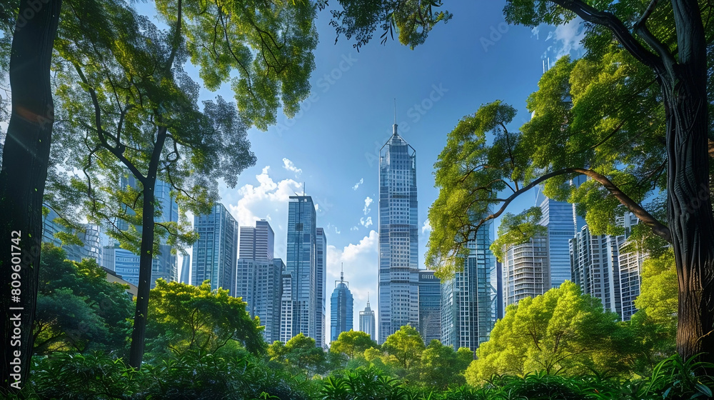 Fototapeta premium Skyscrapers framed by lush trees in urban park