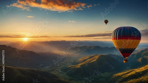 a hot air balloon flying with views of beautiful mountains