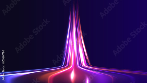 Acceleration speed motion on night road. Vector glitter light fire flare trace. Abstract image of speed motion on the road. Bright sparkling background.	