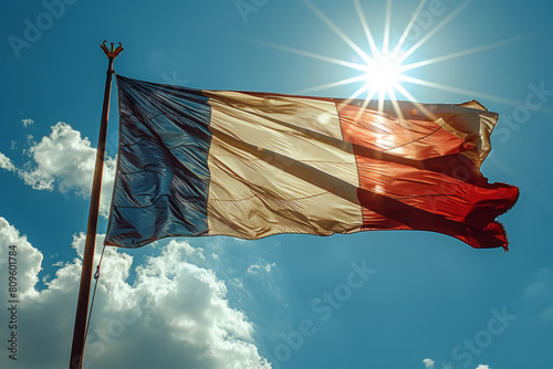 French flag waving under sunny sky with radiant sunbeams