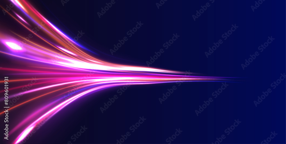 Luminous bright background. High speed effect motion blur night lights blue and red. Cyberpunk light trails in motion or light slow shutter effect. Luminous bright background. High speed effect motion blur night lights blue and red. Cyberpunk light trails in motion or light slow shutter effect.