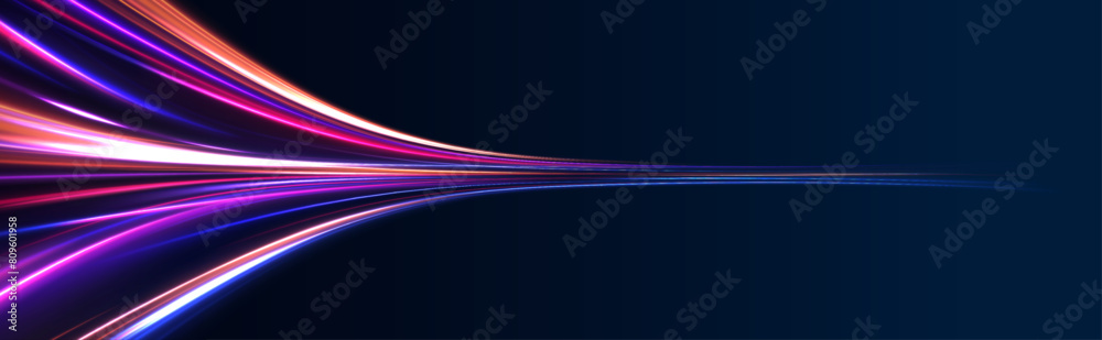High speed effect motion blur night lights blue and red. Abstract neon color glowing lines background. Vector futuristic empty neon background.	