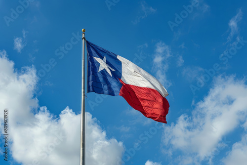 Texas state flag waving against a clear blue sky