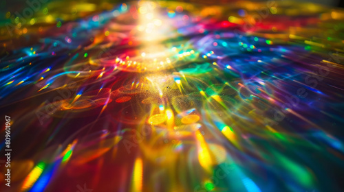 Vibrant rainbow colors dance within a prism  casting ethereal flares of light onto a dark canvas.