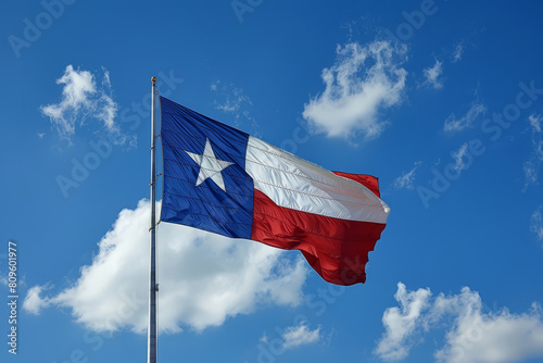 Texas flag waving boldly against a clear blue sky
