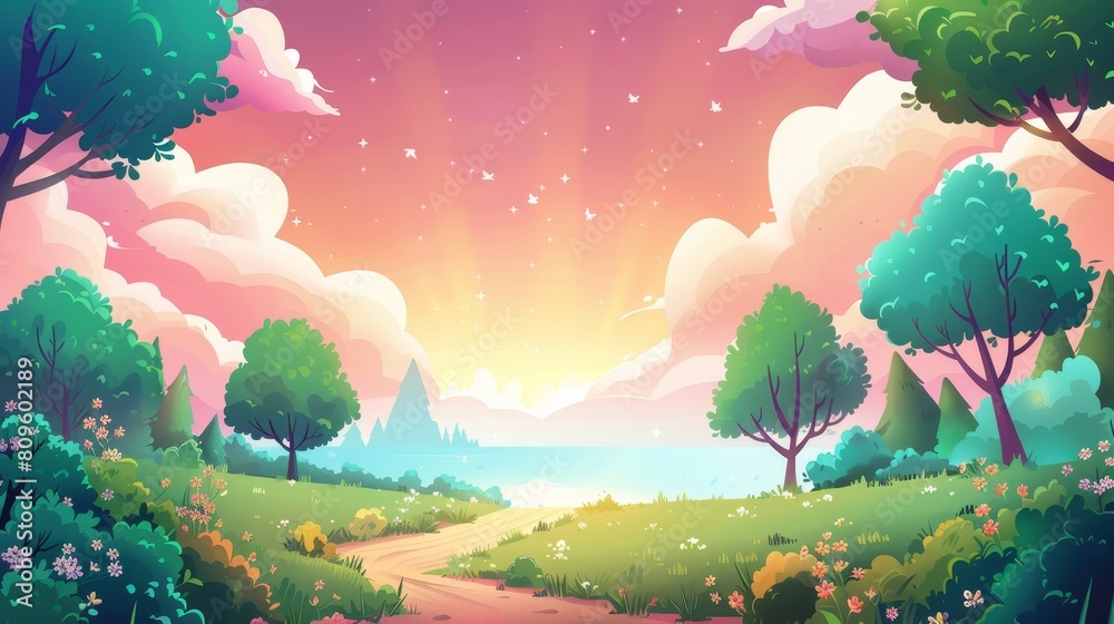 Modern illustration of a cartoon nature landscape, sunrise, early morning summer background. A dirt road proceeds along forest trees, green fields and flowery fields to a clear lake under a pink sky