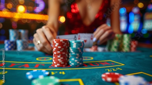 Female croupier shuffles a deck of cards with poker chips in foreground at a casino