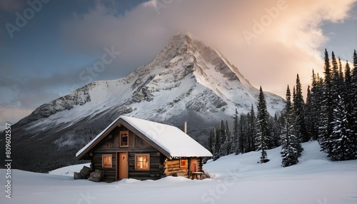 A snow covered mountain peak with a cozy cabin nes upscaled 4