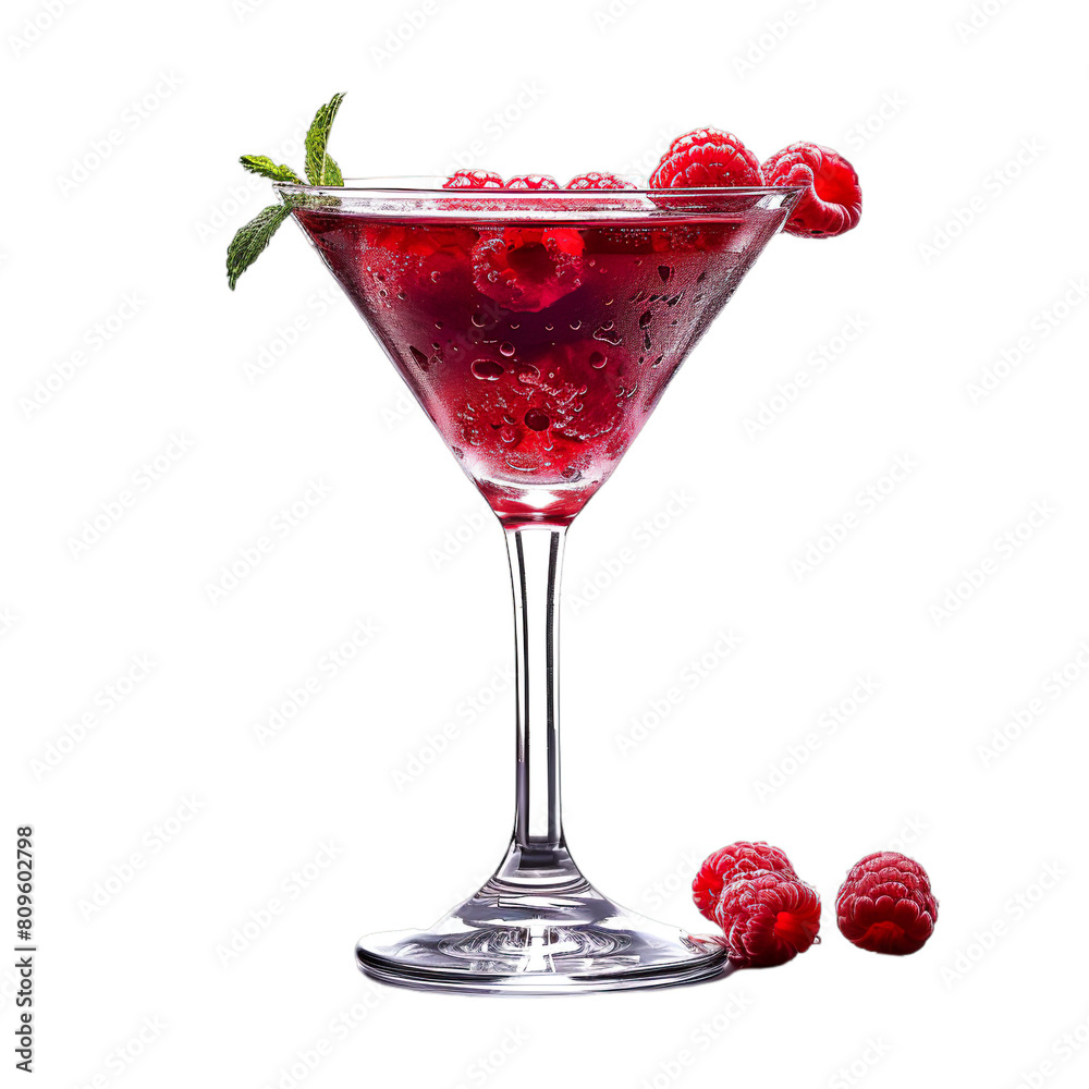 Extreme front view of Raspberry Rhapsody gin cocktail in a martini glass isolated on a white transparent background Extreme front view of Raspberry Rhapsody gin cocktail in a martini glass isolated on a white transparent background