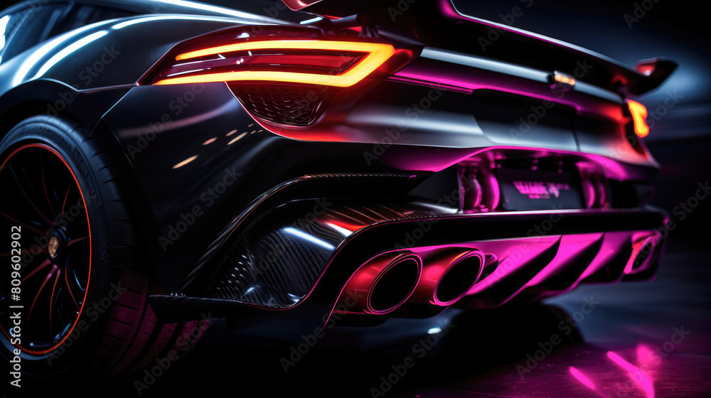 Neon-lit exhaust system modification in a high-performance car