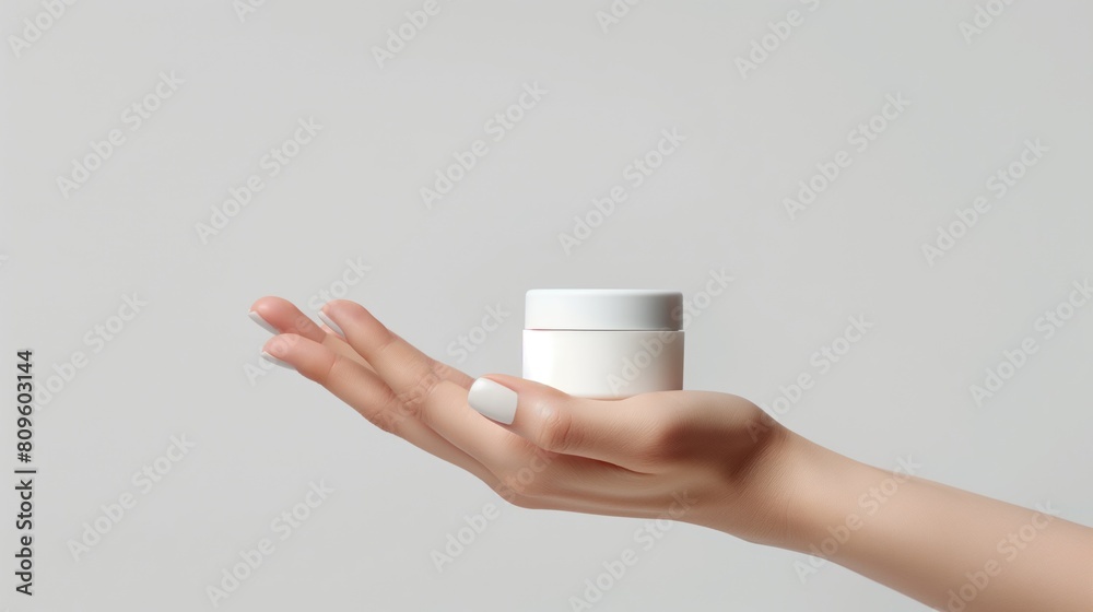 Manicured hand is holding a skincare cream product isolated on neutral background Manicured hand is holding a skincare cream product isolated on neutral background