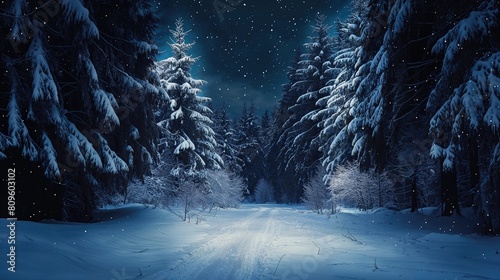Winter Woodland with Snow Covered Trees. Enchanting Seasonal Background. photo
