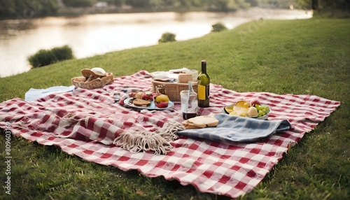 A riverside picnic with a checkered blanket spread upscaled 4