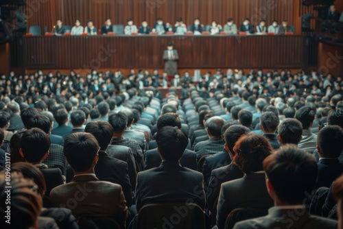 large asian audience at a meeting listens to a speaker photo