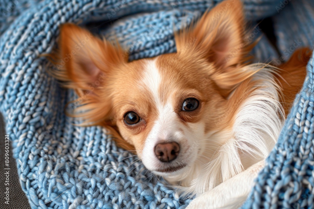 small red-white dog lies on a blue knitted sweater small red-white dog lies on a blue knitted sweater