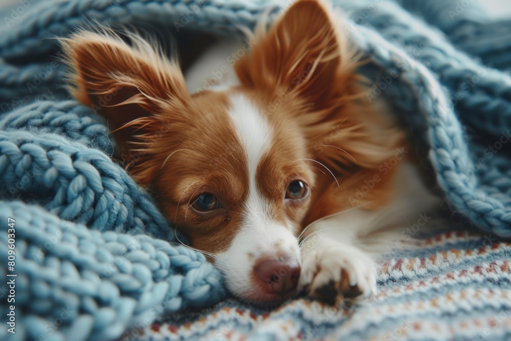 small red-white dog lies on a blue knitted sweater small red-white dog lies on a blue knitted sweater