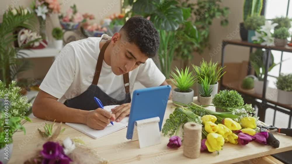 A young man writing in a notebook, using a tablet in a flower shop surrounded by plants and floral arrangements. A young man writing in a notebook, using a tablet in a flower shop surrounded by plants and floral arrangements.