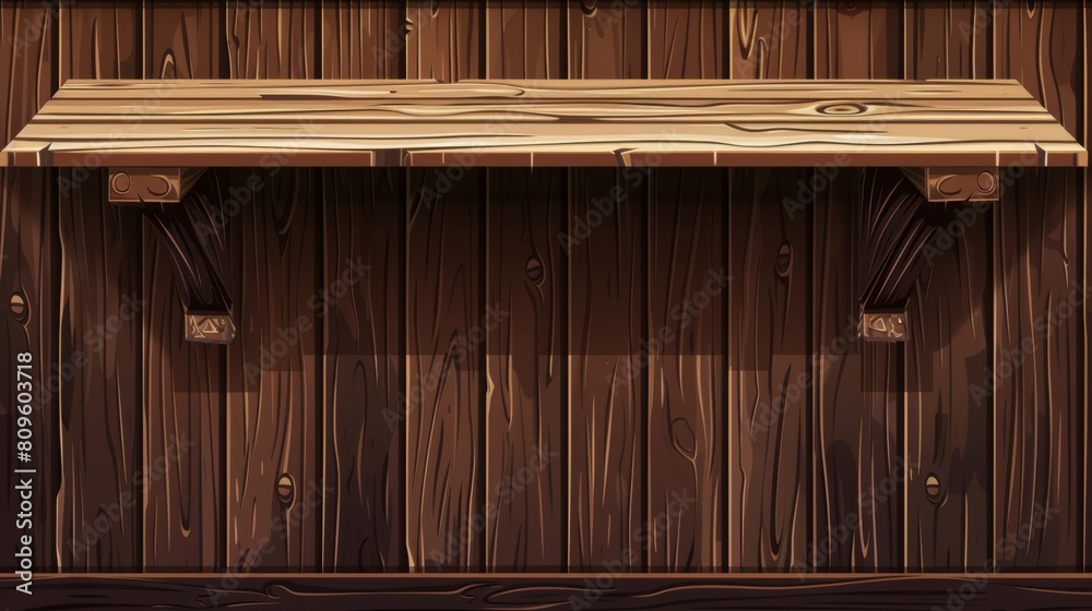 Wood panel wall and counter. Empty shelf, desk, or tabletop on background of wooden panel wall, modern realistic mockup illustration.
